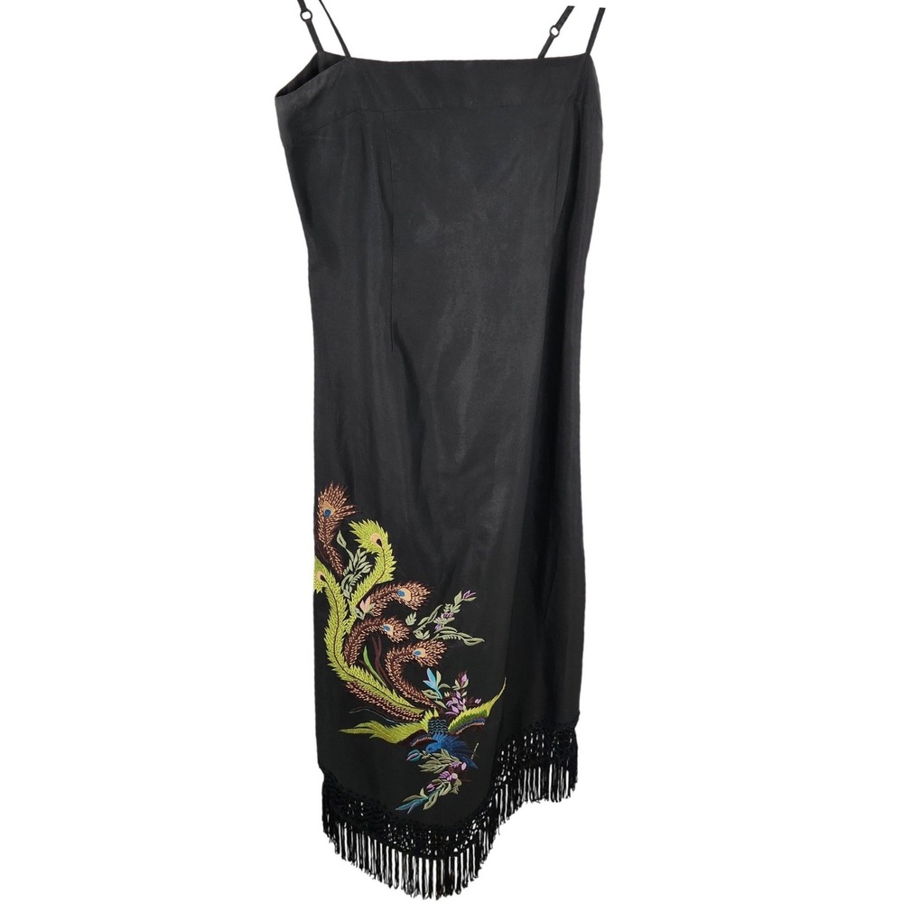 Henna Black Floral Embroidered Fringe Tank Midi Dress Size 5 Juniors